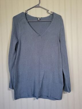 Eileen Fisher Knit Sweater Pullover V-Neck Rolled Hem Navy Blue Women's XXS